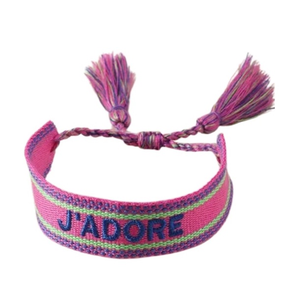 J'Adore Bracelet Cotton Weave Adjustable Handstitched Festival Embroidery Pink - Picture 1 of 4